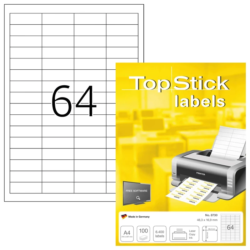 TopStick 8730 Multi-Purpose Labels, 64 Labels Per A4 Sheet, 48.3 x 16.9 mm, 64000 Labels, Self Adhesive, Mini Stickers for Laser and Inkjet Printers, White