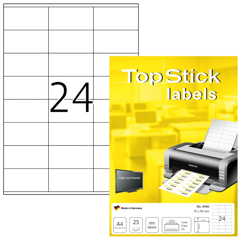 TopStick 8400 Address Mailing Labels, 24 Labels Per A4 Sheet, 70 x 36 mm, 19200 Labels, Self Adhesive, Stickers for Laser and Inkjet Printers, White