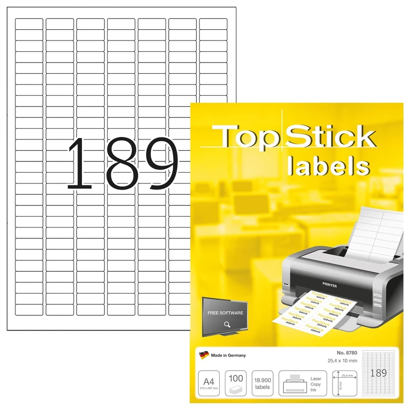 TopStick 8780 Multi-Purpose Labels, 189 Labels Per A4 Sheet, 25.4 x 10 mm, 189000 Labels, Self Adhesive, Mini Stickers for Laser and Inkjet Printers, White