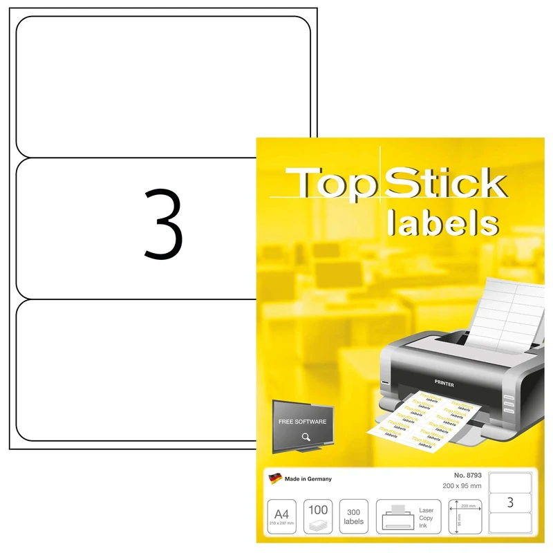 TopStick 8793 Multi-Purpose Labels, 3 Labels Per A4 Sheet, 200 x 95 mm, 3000 Labels, Self Adhesive, Large Stickers for Laser and Inkjet Printers, White