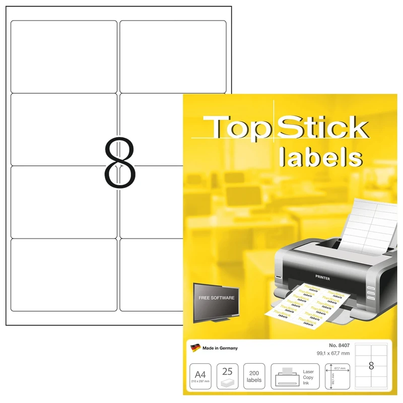 TopStick 8407 Address Mailing Labels, 8 Labels Per A4 Sheet, 99.1 x 67.7 mm, 6400 Labels, Self Adhesive, Stickers for Laser and Inkjet Printers, White
