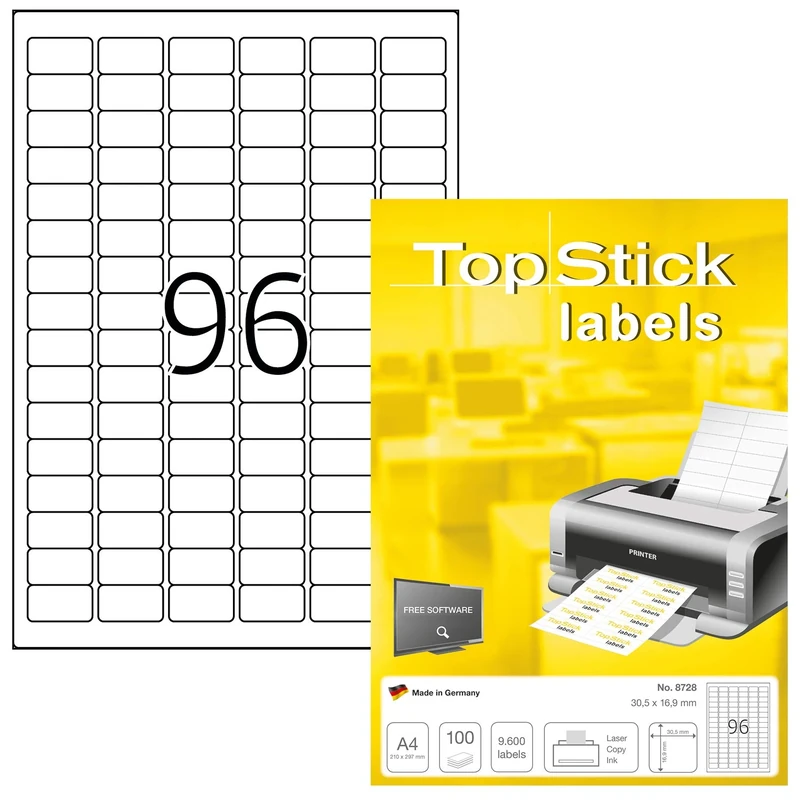 TopStick 8728 Multi-Purpose Labels, 96 Labels Per A4 Sheet, 30.5 x 16.9 mm, 96000 Labels, Self Adhesive, Mini Stickers for Laser and Inkjet Printers, White