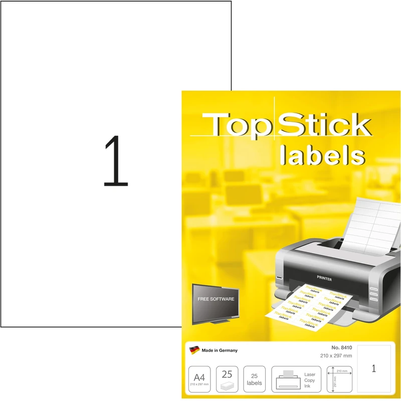 TopStick 8410 Multi-Purpose Labels, 1 Labels Per A4 Sheet, 210 x 297 mm, 800 Labels, Self Adhesive, Large Stickers for Laser and Inkjet Printers, White