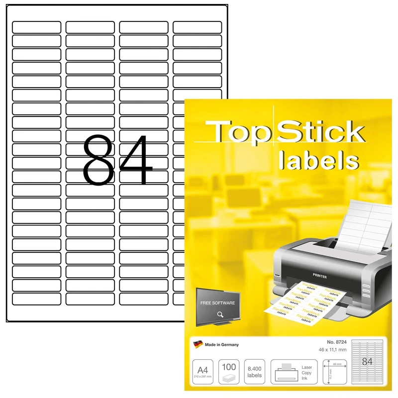 TopStick 8724 Multi-Purpose Labels, 84 Labels Per A4 Sheet, 46 x 11.1 mm, 84000 Labels, Self Adhesive, Mini Stickers for Laser and Inkjet Printers, White