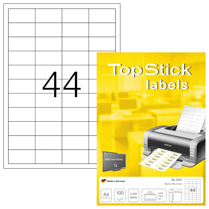TopStick 8731 Multi-Purpose Labels, 44 Labels Per A4 Sheet, 48.3 x 25.4 mm, 44000 Labels, Self Adhesive, Small Stickers for Laser and Inkjet Printers, White