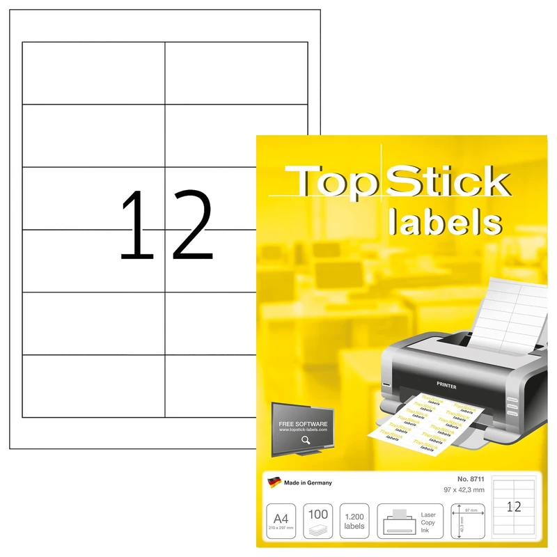 TopStick 8711 Multi-Purpose Labels, 12 Labels Per A4 Sheet, 96.5 x 42.3 mm, 12000 Labels, Self Adhesive, Stickers for Laser and Inkjet Printers, White