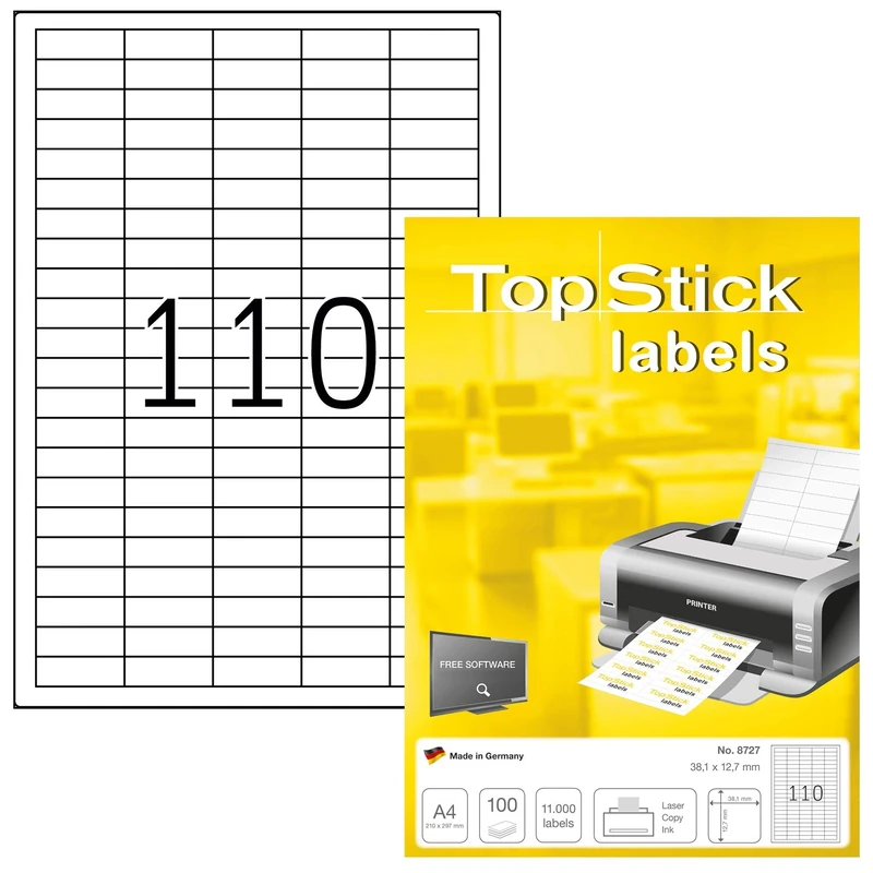 TopStick 8727 Multi-Purpose Labels, 110 Labels Per A4 Sheet, 38.1 x 12.7 mm, 110000 Labels, Self Adhesive, Mini Stickers for Laser and Inkjet Printers, White