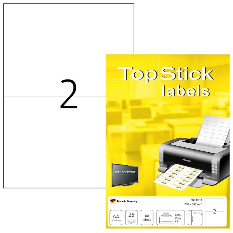 TopStick 8411 Multi-Purpose Labels, 2 Labels Per A4 Sheet, 210 x 148 mm, 1600 Labels, Self Adhesive, Large Stickers for Laser and Inkjet Printers, White