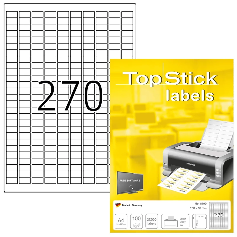 TopStick 8790 Multi-Purpose Labels, 270 Labels Per A4 Sheet, 17.8 x 10 mm, 270000 Labels, Self Adhesive, Mini Stickers for Laser and Inkjet Printers, White