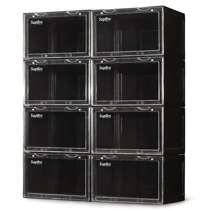 SupBro Collection Crate - Easy Access Storage Shoes Box -Plastic Foldable Stackable Sneaker Display Storage with Clear Side Open Door Organizer-8 Pack(Black)