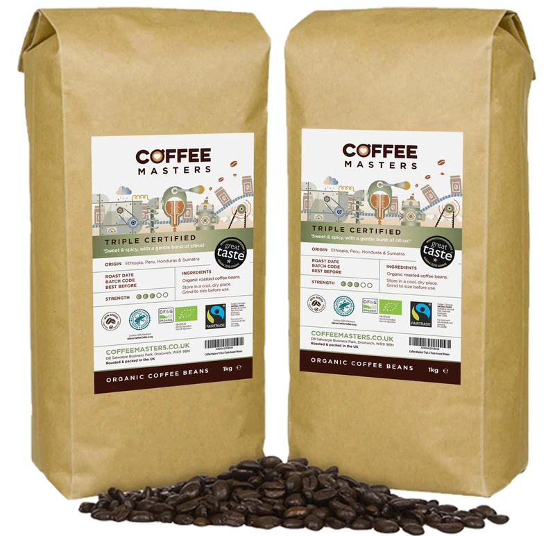 Coffee Masters Triple Certified Arabica Coffee Beans 2kg (2x1kg) - Fairtrade Organic Blend - Medium Roast Whole Bean, Ideal for Espresso Machines - The Great Taste Award Winner