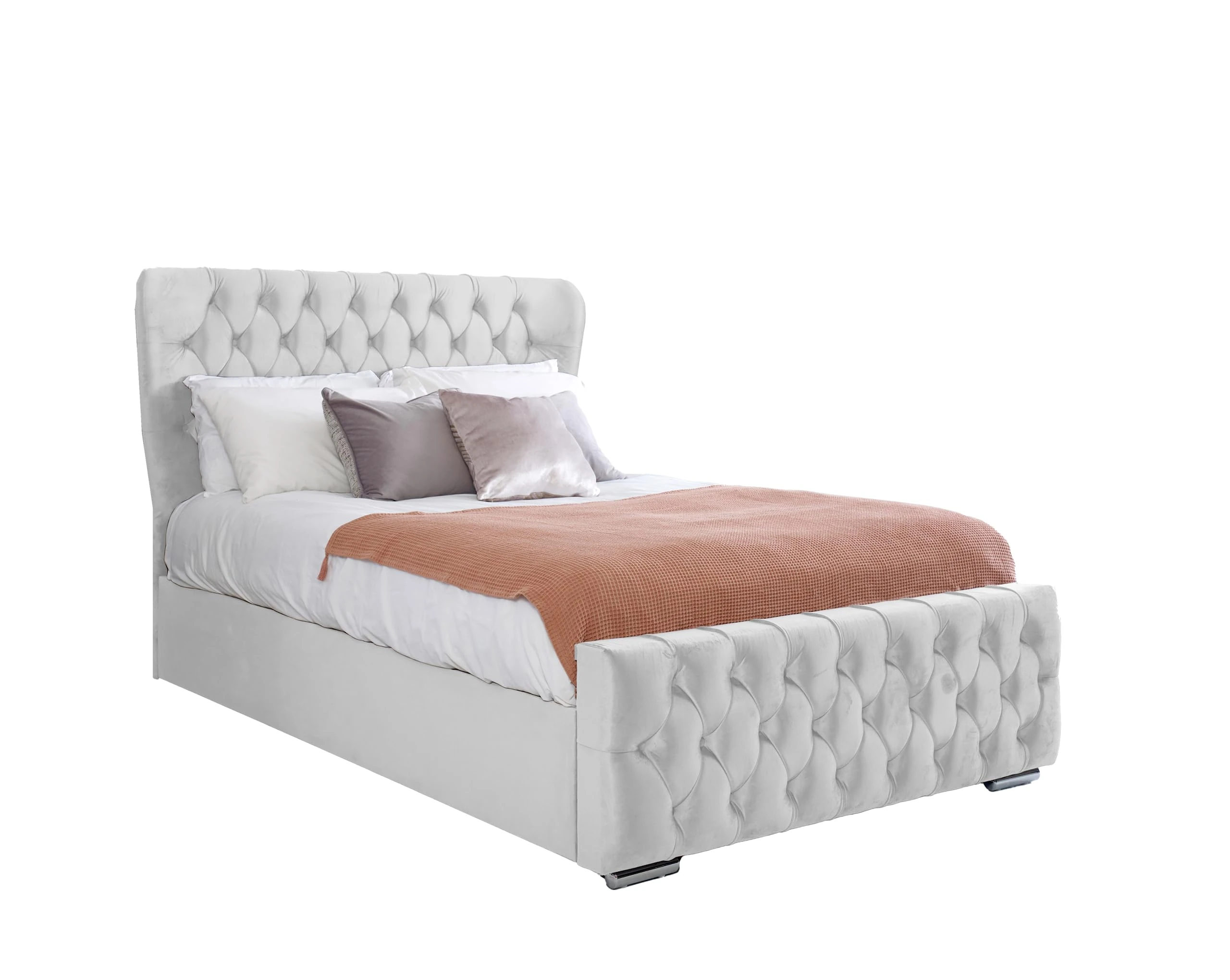 Bedology Upholstered Velvet Bed Frame and Headboard | Ottoman Gas Lift Up Option With Storage (White Plush, King)