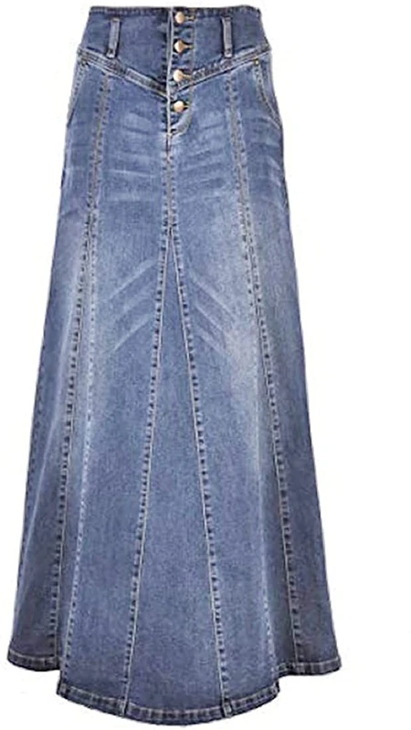 CHARTOU Women's Retro Exposure Button-Fly Packaged Hip A-Line Maxi Long Denim Skirt, Light Blue, XL