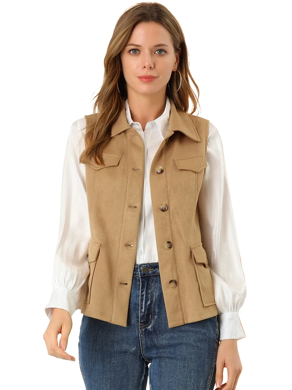 Allegra K Women's Rustic Sleeveless Jacket Button Up Faux Suede Utility Anorak Cargo Vest, Khaki, Large