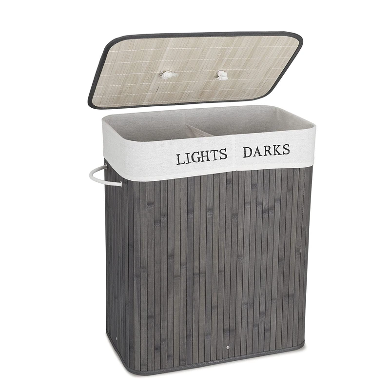 Mondeer Laundry Basket with Lid 100L, 2 Compartments Bamboo Laundry Hamper with Handles Removable Washable Lining, Foldable, for Bedroom Bathroom or Utility Room, 52 x 32 x 65 cm, Grey