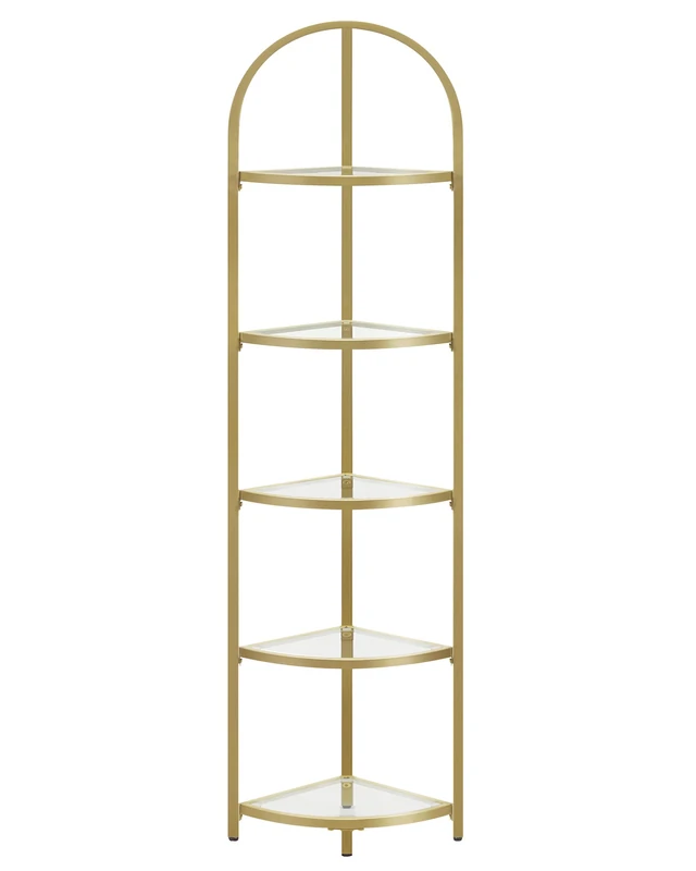 VASAGLE Corner Shelf, 5-Tier Plant Stand, Freestanding Glass Shelf Tower, High Storage Shelves for Living Room, Bathroom, Bedroom, Modern Style, Golden Color LGT810A01