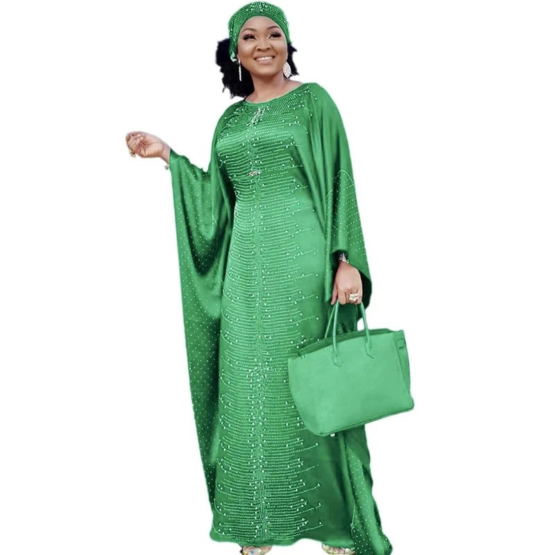 HD Long African Dresses for Women Fashion Beading Rhinestone Kaftan Maxi Dress, Green, One Size
