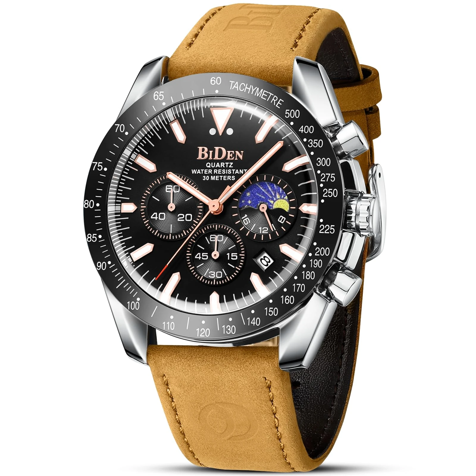 HANPOSH Mens Watches Chronograph Analog Quartz Watch Stainless Steel Waterproof Men's Wrist Watches Fashion Business Casual with Date Luminous Moon Phase