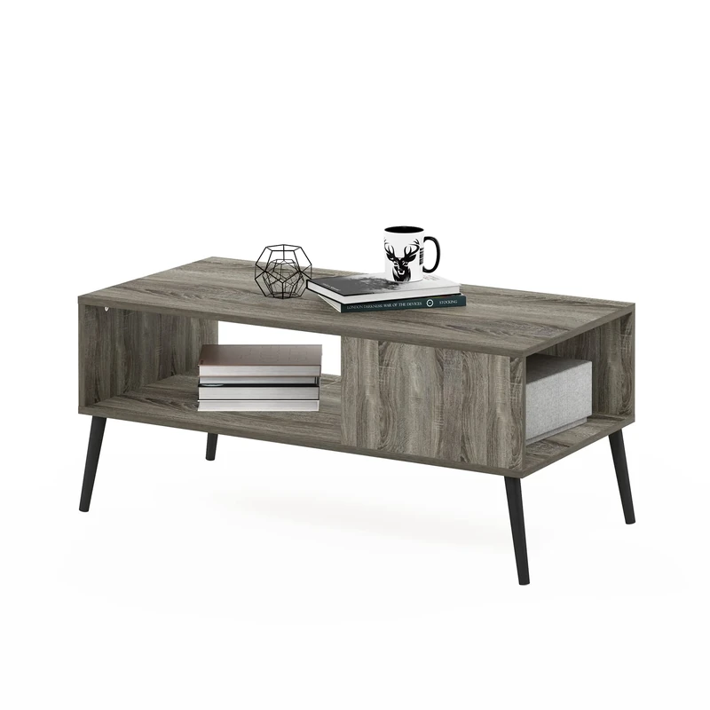 Furinno CLAUDE Coffee Table, 2-Tier Modern Coffee Table with Wooden-Legs, Side Table with Open Shelf, for Living Room, Bedroom, Home Office, French Oak Grey