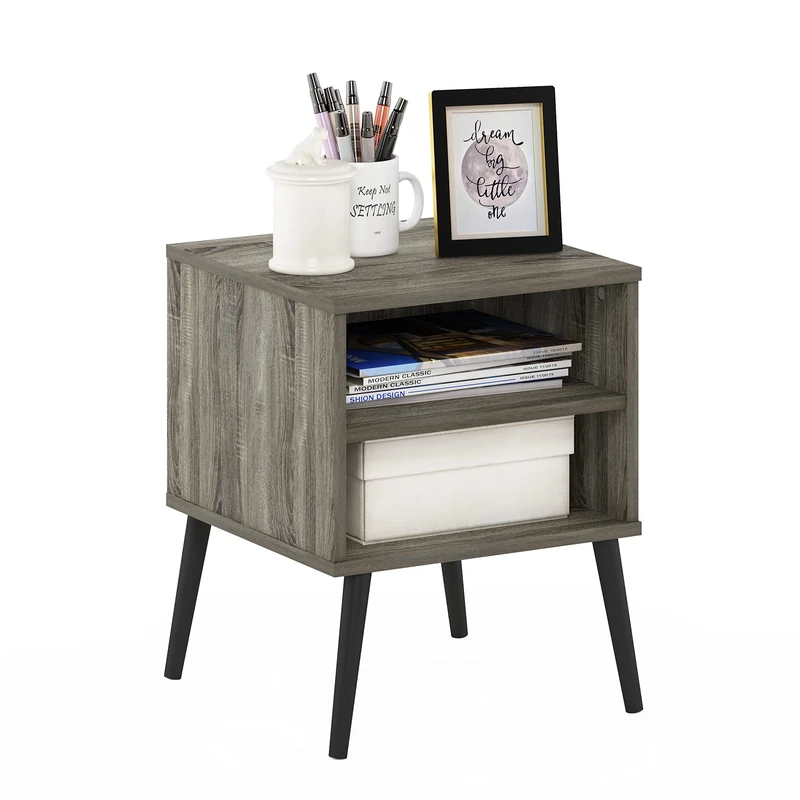 Furinno CLAUDE Side Table, 2-Tier Square End Table with Wooden Legs, Open Shelf Night Stand, Bedside Table, for Living Room, Bedroom, French Oak Grey