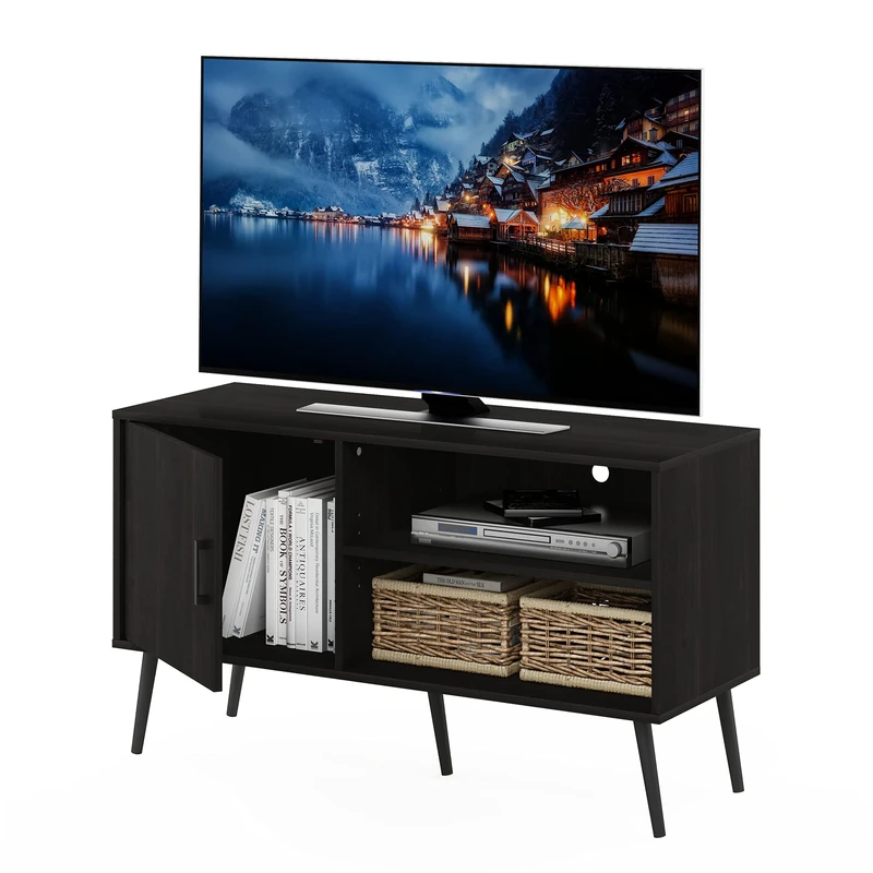 Furinno Claude Mid Century Style TV Stand with Wood Legs, One Cabinet Two Shelves, Espresso