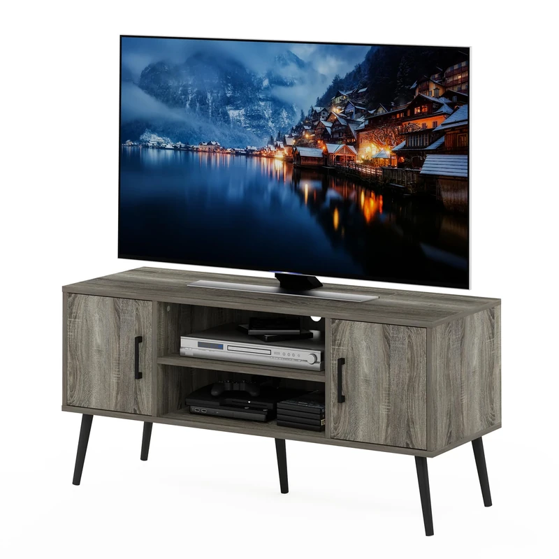Furinno Claude Mid Century Style TV Stand with Wood Legs for TV Size up to 50 inch, Two Cabinets, French Oak Grey