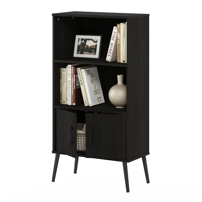 Furinno CLAUDE Storage Cabinet, 3 Tier Accent Cabinet with Open Shelves, Closed Cabinet, Wooden Legs, Organization and Storage, for Living Room, Home Office, Espresso