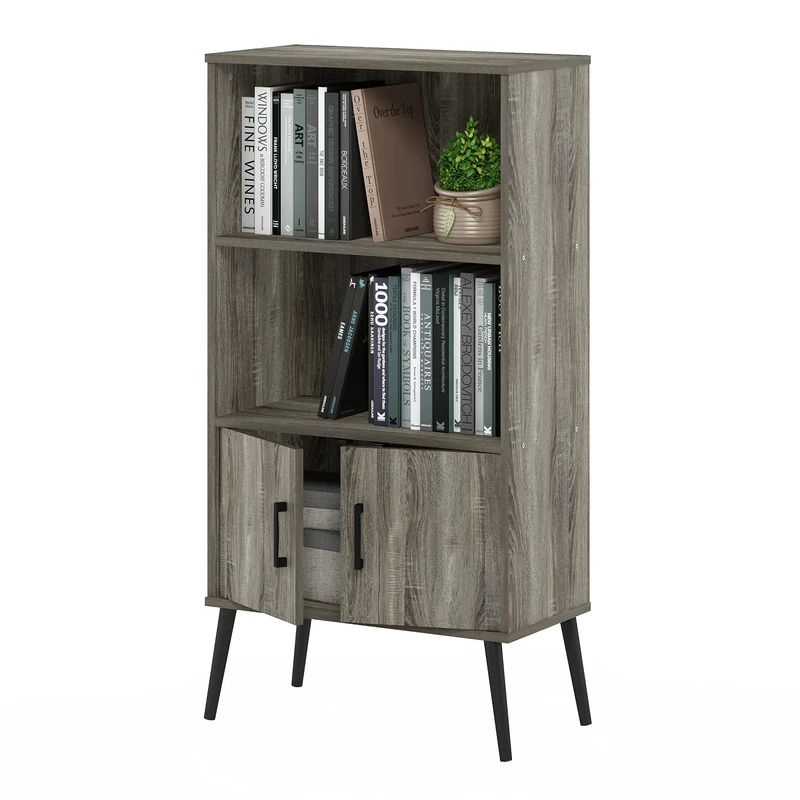 Furinno CLAUDE Storage Cabinet, 3 Tier Accent Cabinet with Open Shelves, Closed Cabinet, Wooden Legs, Organization and Storage, for Living Room, Home Office, French Oak Grey