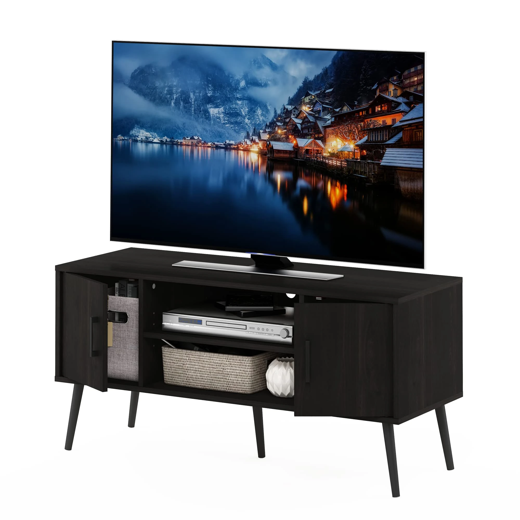 Furinno Claude Mid Century Style TV Stand with Wood Legs,for TV Size up to 50 inch Two Cabinets, Espresso