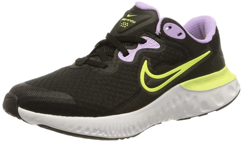 NIKE Renew Run 2, Gymnastics Shoe, Black/lt Lemon Twist-Lilac-White,
