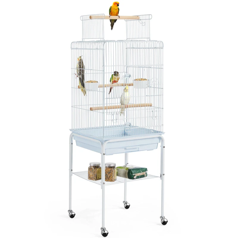 Yaheetech Metal Bird Cage Open Play Top Budgie Cage Parrot Cage with Rolling Stand for Mid-sized Birds Cockatiel/Parakeet/Lovebird White
