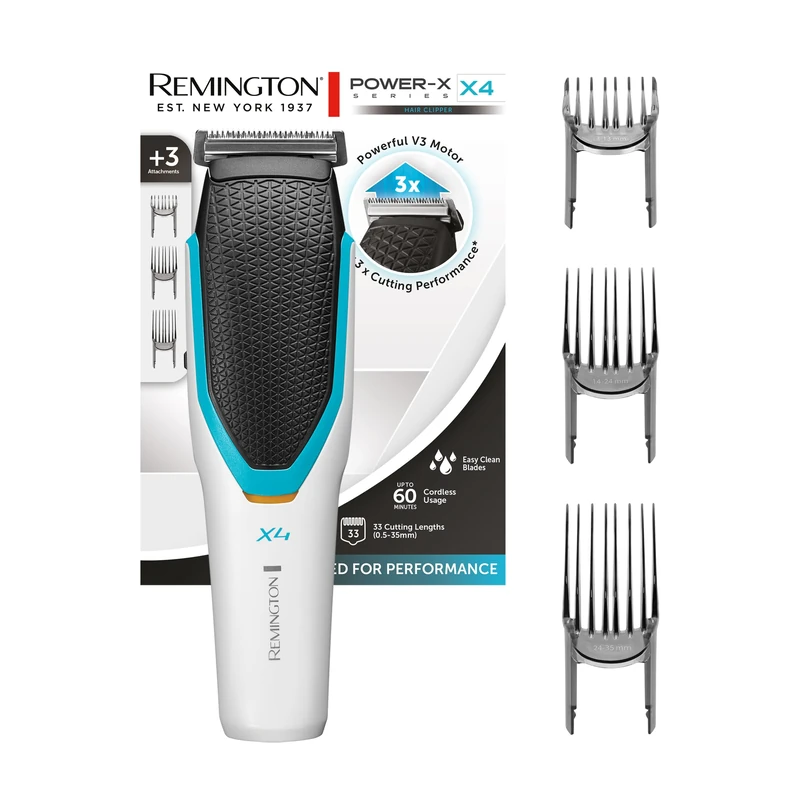 Remington Professional X4 Hair Trimmer - 3 Adjustable Combs (3-35 mm), Japanese Stainless Steel Blades, Mains/Battery Operated