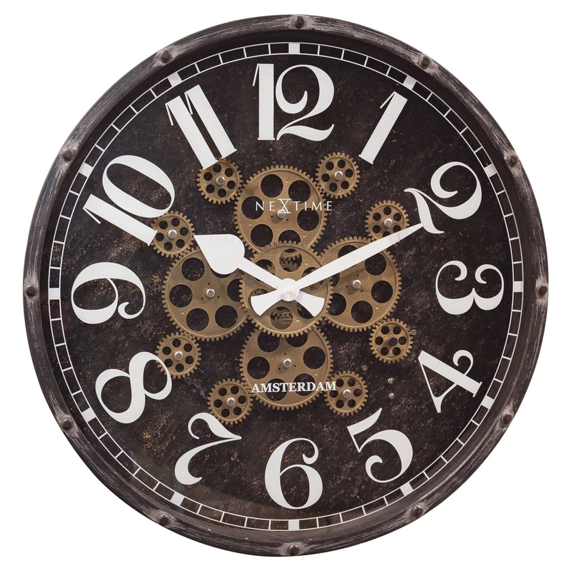 NexTime Black Gear Clock - Large Wall Clock - 50cm - Moving Gears - Henry