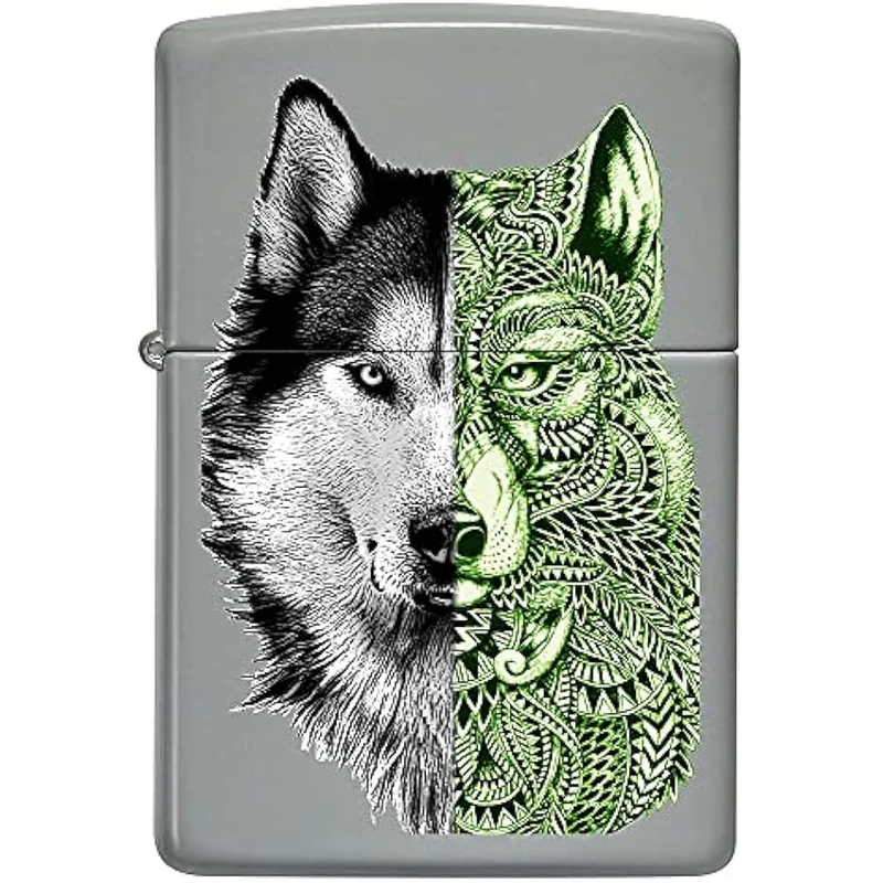 Zippo Windproof Lighter - Tattoo Wolf Model in Colour Image - Flat Grey Finish - Refillable - Reusable - Windproof Design - Gift Box - Made in USA