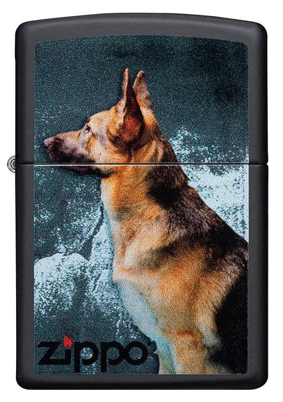 Zippo Windproof Lighter - German Shepherd Model - Black Matte Finish, Colour Image - Refillable - Reusable - Windproof Design - Gift Box - Metal - Made in USA