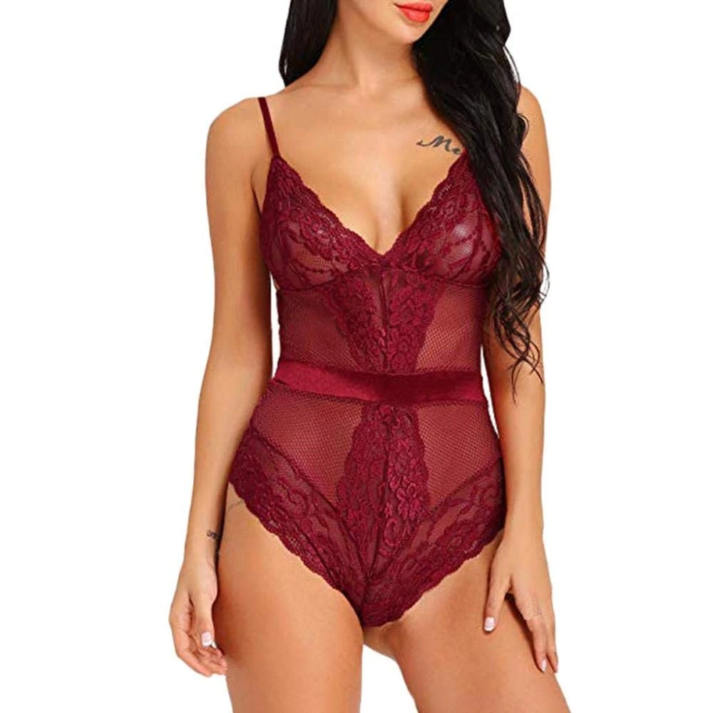 KSDFIUHAG Sexy Lingerie for Women for Sex Sexy Lingerie Women V-Neck Lacey Underwear Baby Doll Teddyy Porno Backless Bow Nightdress Erotic Costumes-Wine_S