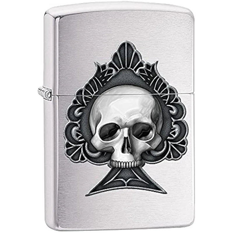 Zippo Windproof Lighter - Model Ace Skull - Brushed Chrome Finish with Colour Image - Refillable - Reusable - Windproof Design - Gift Box - Metal - Made in USA