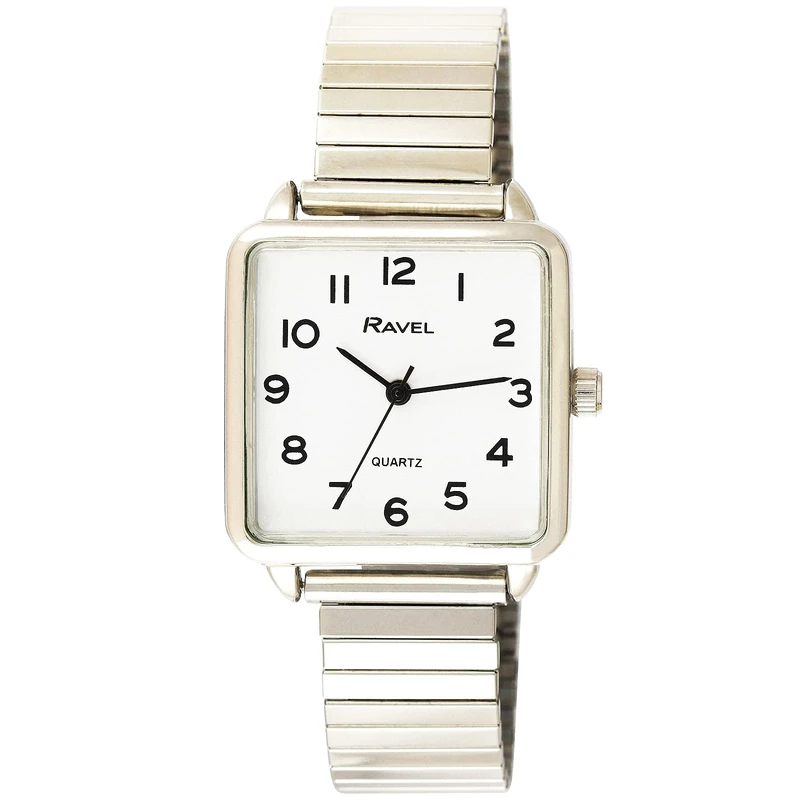 Ravel Women's Classic Square Everyday Watch with Clear Numbers - Stainless Steel Expander