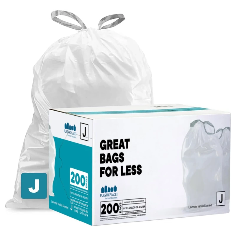 Plasticplace White Drawstring Lavender and Soft Vanilla Scented Garbage Can Liners │Code J Compatible (200 Count) │ 10-10.5 Gallon / 38-40 Liter │ 21" x 28"