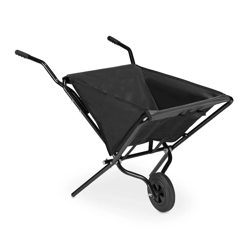 Relaxdays Folding Wheelbarrow, with Solid Rubber Tyres, Steel & Polyester, 46 l, Folding HWD: 70 x 112 x 67 cm, Black