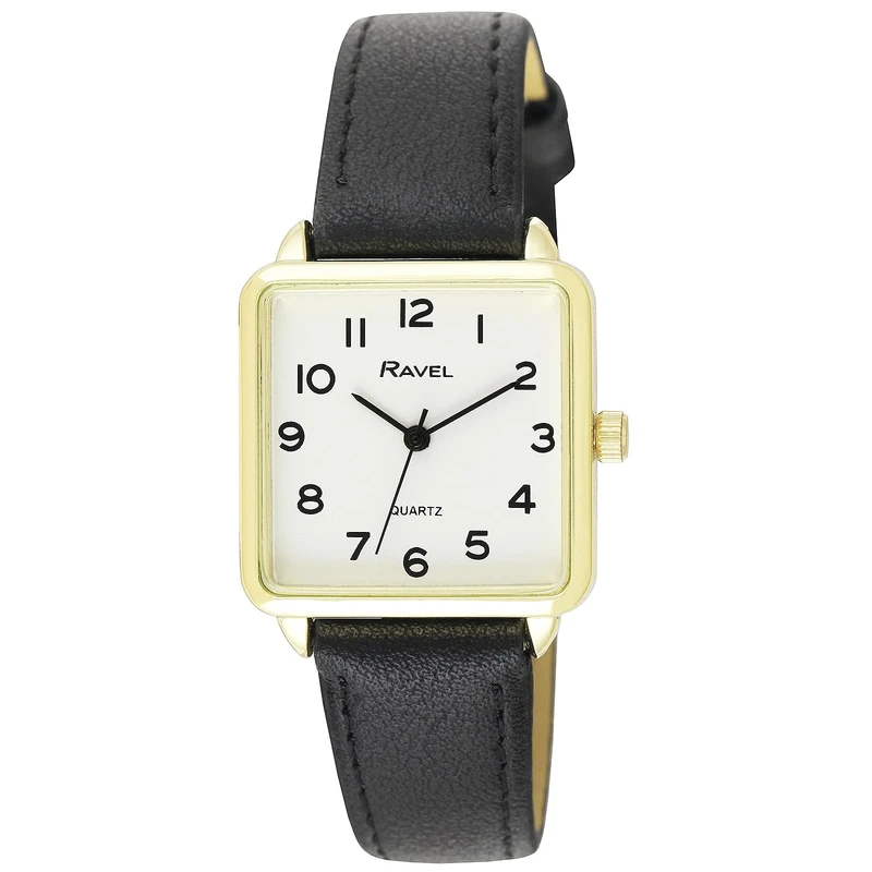 Ravel Women's Classic Square Watch - Black Strap, Gold Case, 27mm