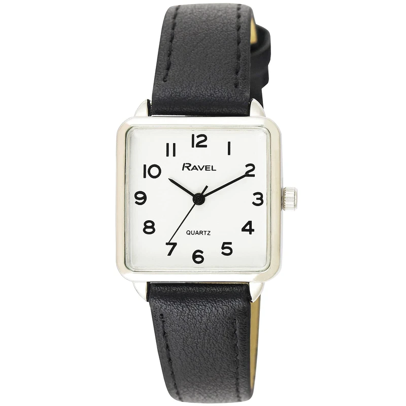 Ravel Women's Classic Square Everyday Watch with Clear Numbers - Black/Silver Tone