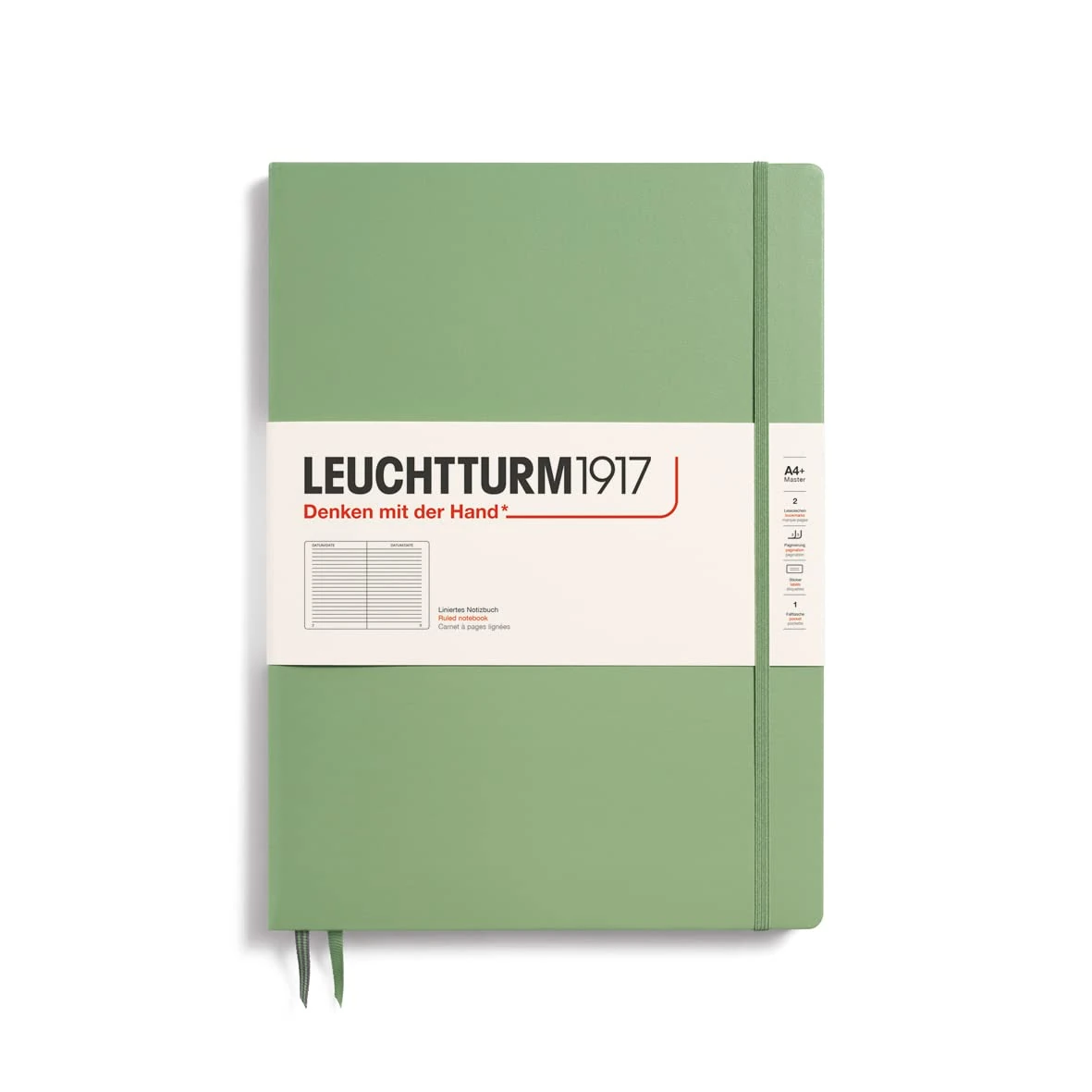 LEUCHTTURM1917 363918 Notebook Master Slim (A4+), Hardcover, 123 Numbered Pages, Sage, Ruled