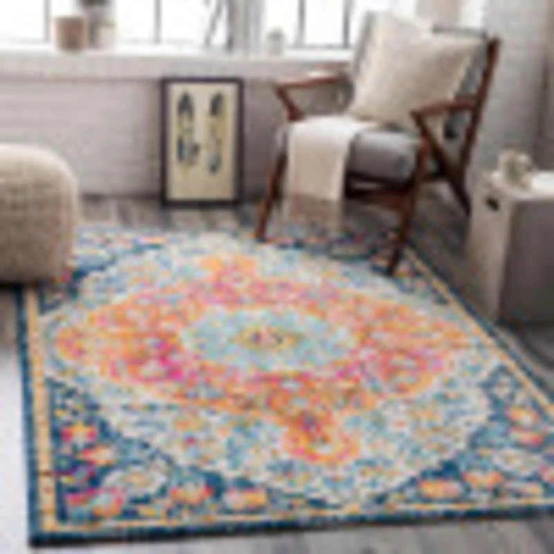 Livabliss Aflou Vintage - Area s Living Room 200x275 cm, Dining Floor, Kitchen, Traditional Multicoloured Boho, Easy Care Pile, Bohemian Large, Fuchsia, Orange and Blue