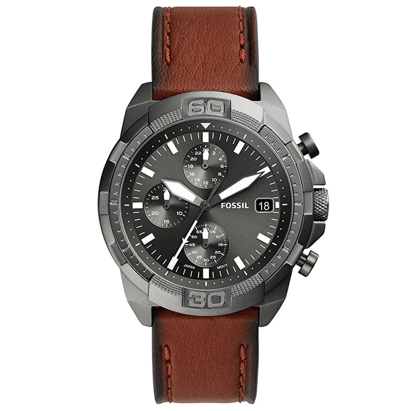 Fossil Watch for Men 44 mm Bronson, Quartz Chronograph Movement, 44 mm Smoke Stainless Steel Case with a Leather Strap, FS5855 - Image 1