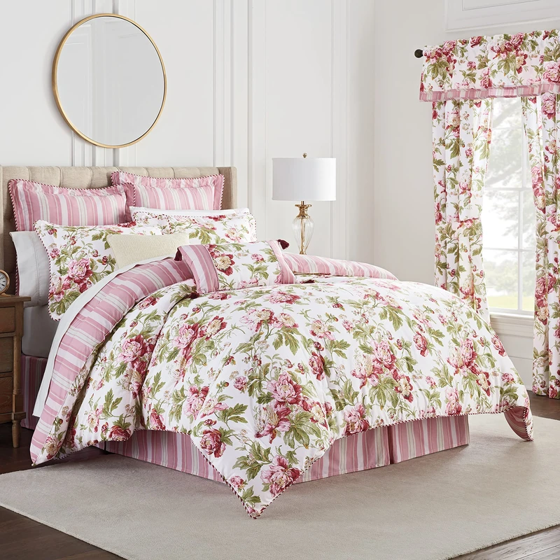 Waverly Soft Reversible Floral 4 Piece Bedding Comforter Set, Cotton, Berry, Queen