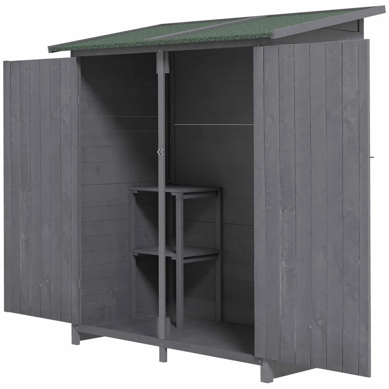 Outsunny Garden Wood Shed with Flexible Table, Hooks & Lock - Grey