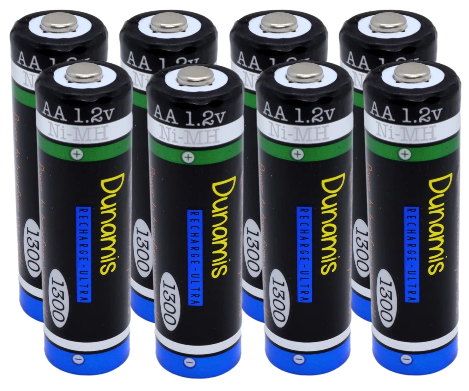 8pk Dunamis 1.2v AA 1300mAh NiMH Rechargeable Batteries - MEDIUM CAPACITY Suitable for most standard uses including Garden Solar Lights