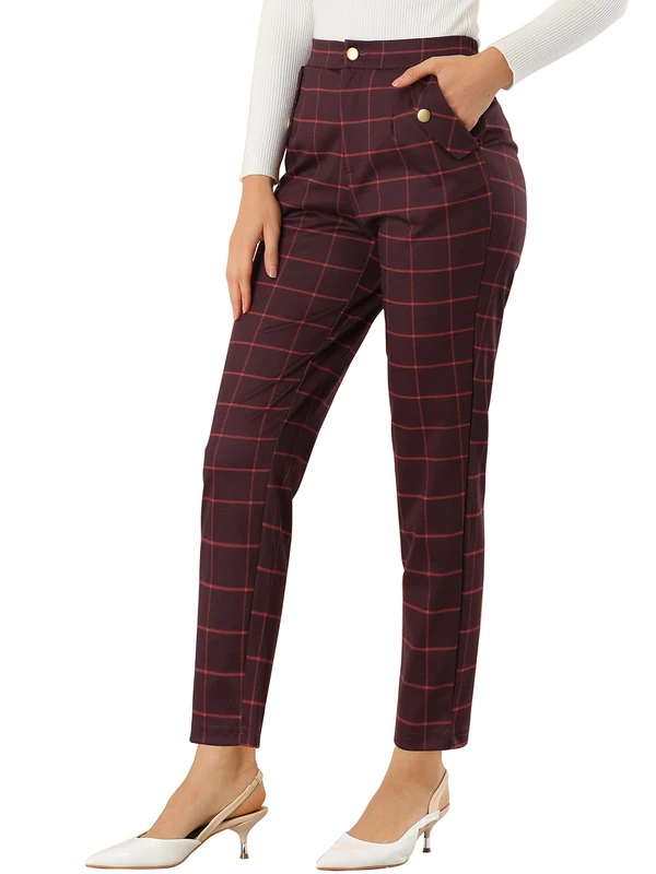 Allegra K Women's Vintage Tartan Plaid Pants Elastic Waist Straight Long Trousers, Burgundy, Large