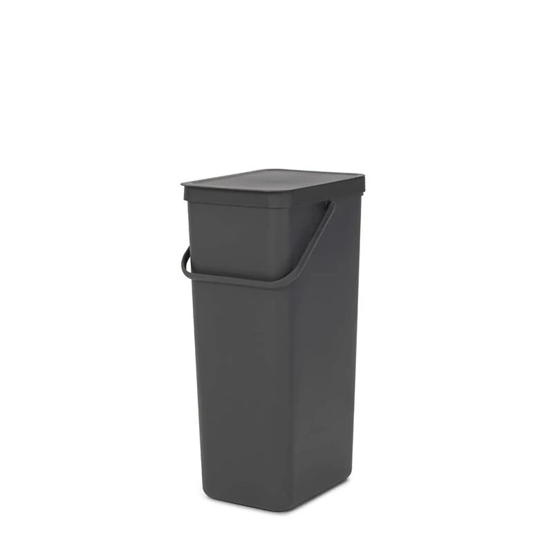 Brabantia Sort & Go Recycle Bin 40L (Grey), Space-Efficient Plastic Recycle Container with Handle, Removable and Stay-Open Lid, Easy to Clean Kitchen Bin without Nooks and Rims